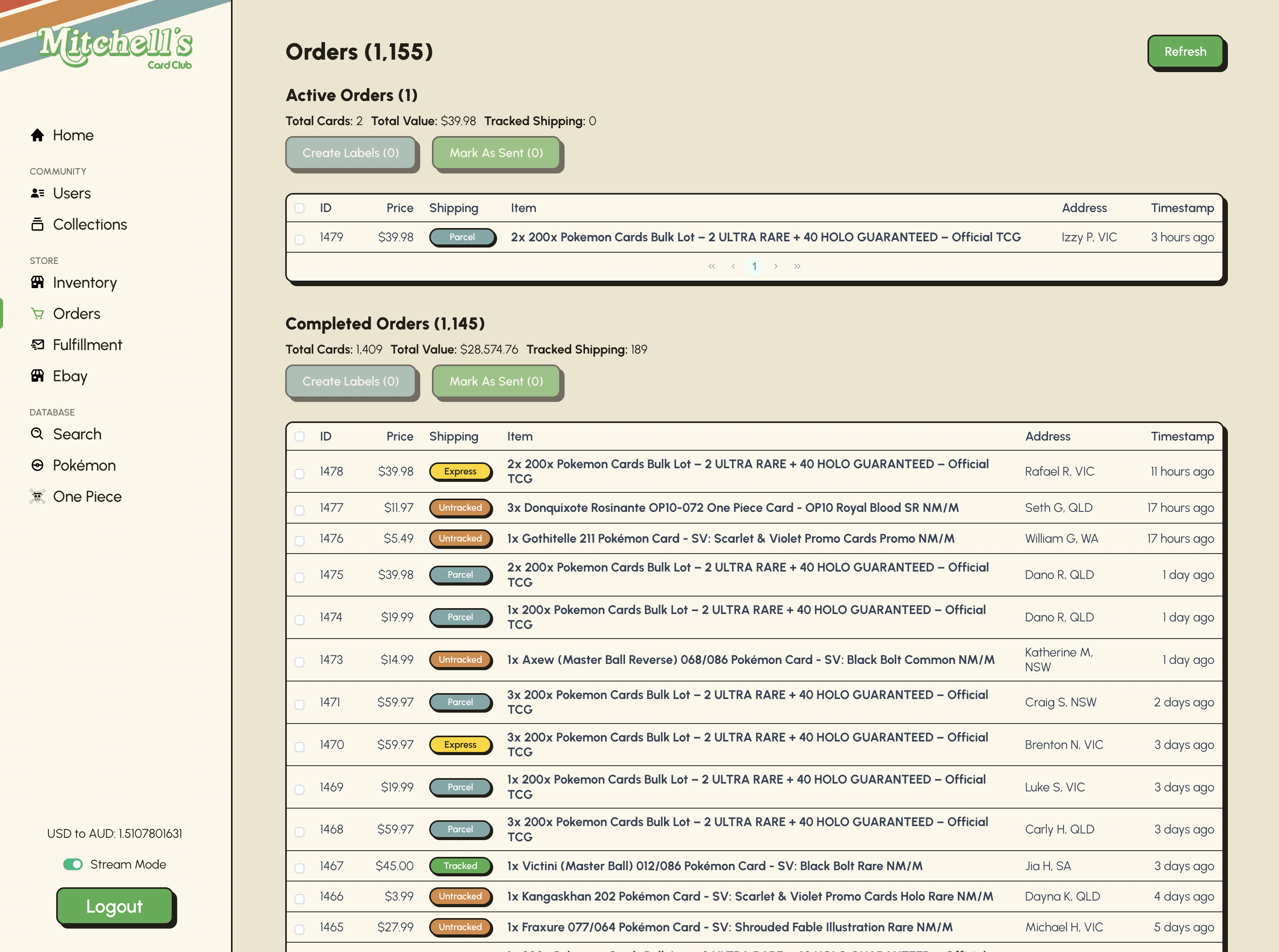 MCC Admin - View all current and past orders, print labels, mark as sent + send message, and more